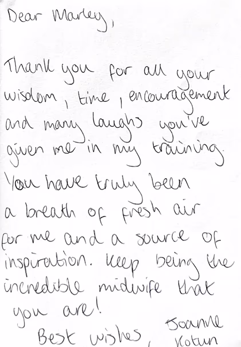 Handwritten testimonial card from a client