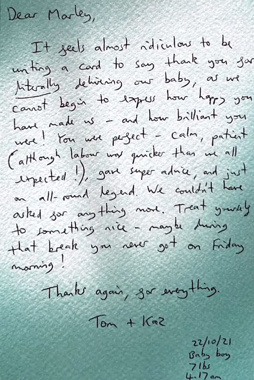 Handwritten testimonial card