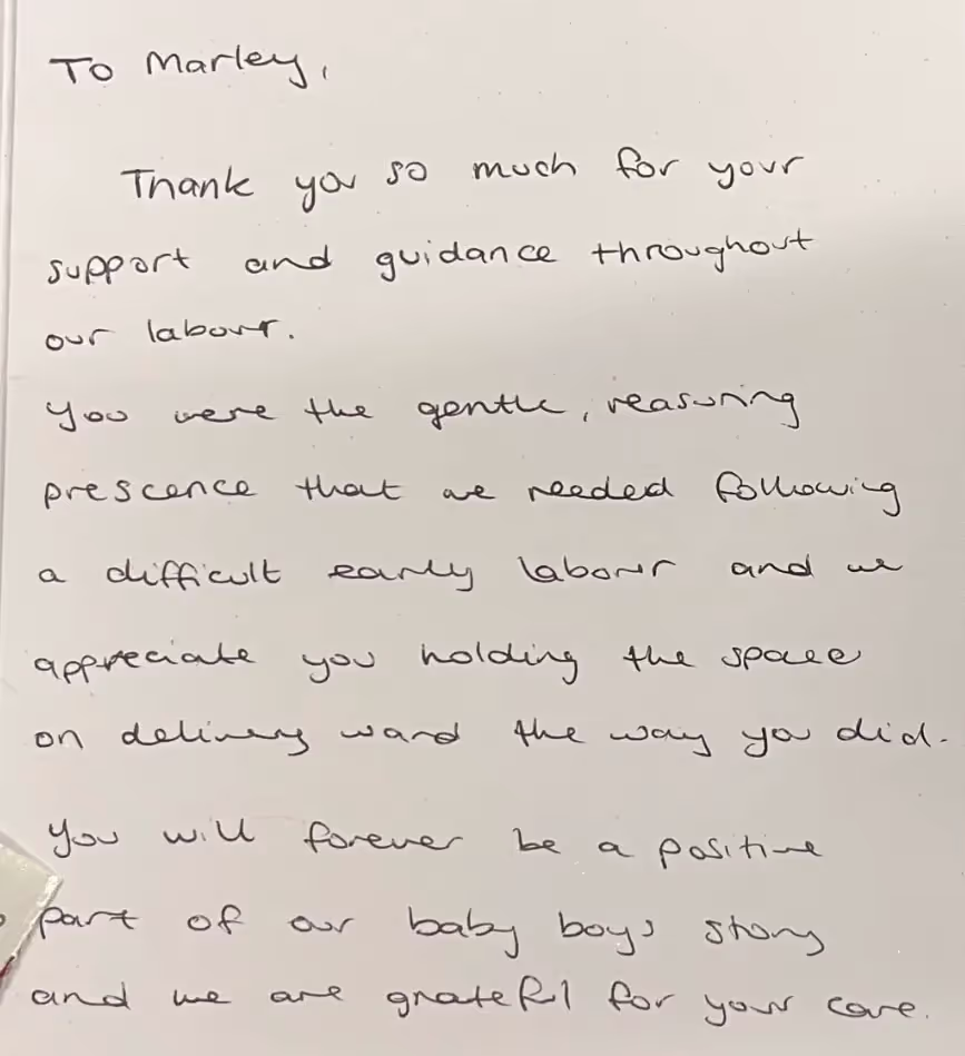 Handwritten testimonial card