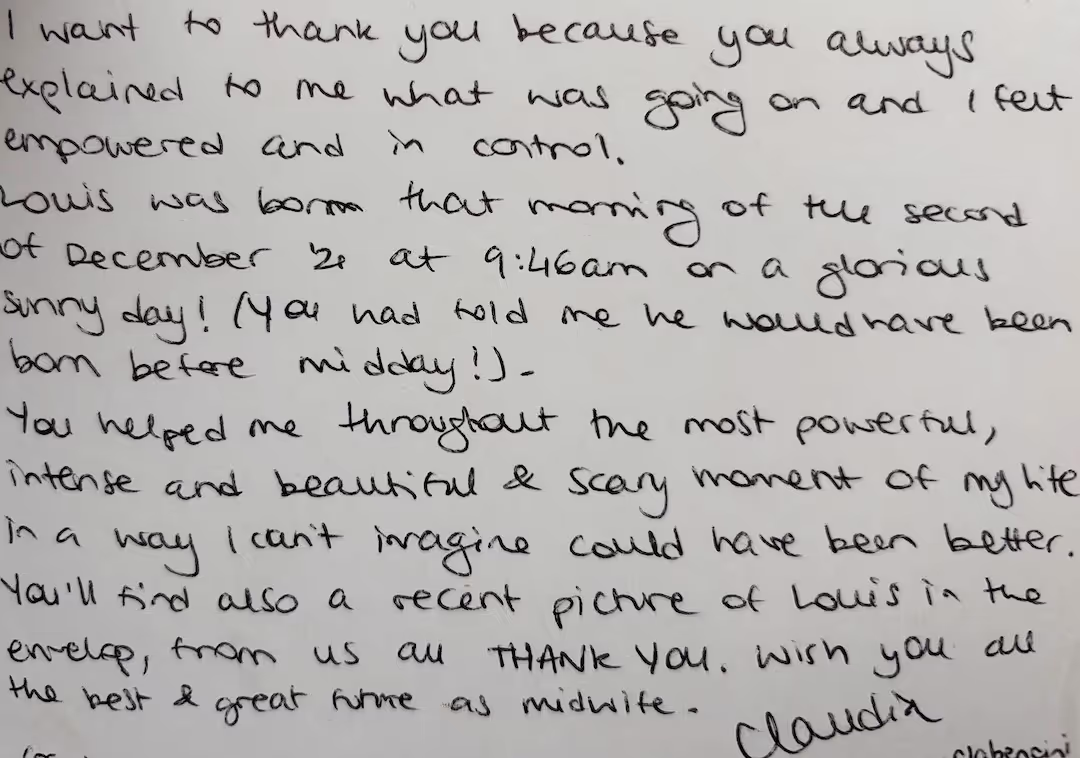 Handwritten testimonial card